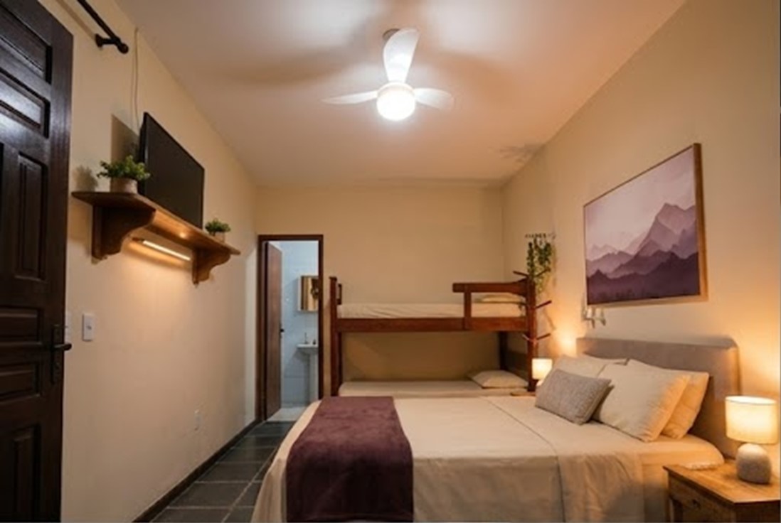 Quarto família com banheiro higienizado