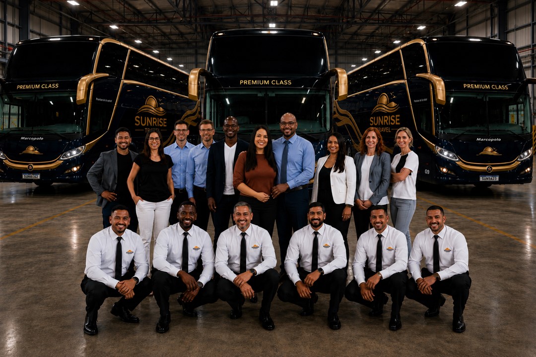 Ônibus executivo da Sunrise Travel para fretamento, excursões e viagens em grupo